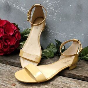 Michael Kors Strappy Heeled Sandal Gold Logo Nude Tan